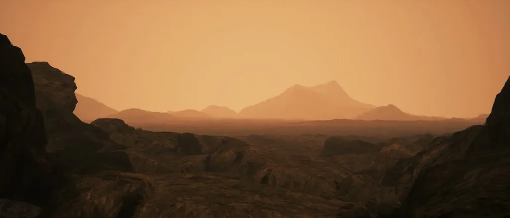 A barren, rocky landscape under a hazy orange sky, with distant mountainous formations on the horizon.
