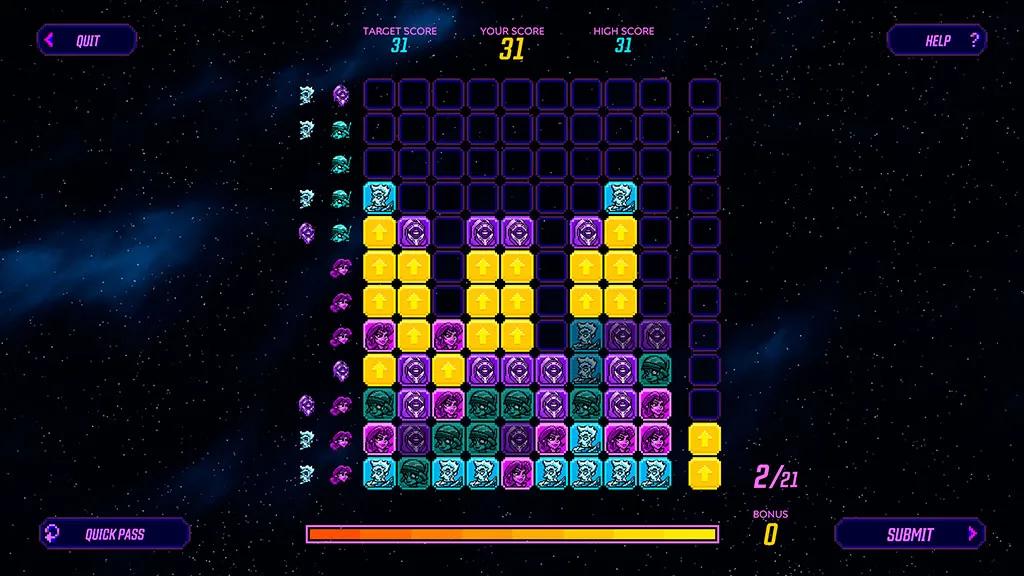 A colorful grid-based puzzle game interface with the results displayed at the top. The yellow, purple, and bluish-blue blocks are arranged with a score of 31. Options include Quit, Assist, Submit, and Fast Pass.