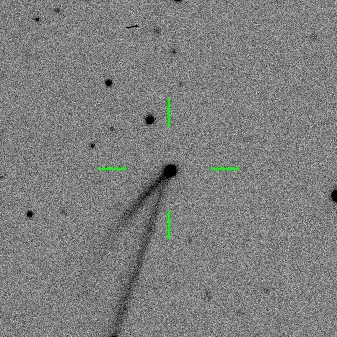 Black and white image of a comet with a visible tail, in the center of the crosshairs on a speckled background.