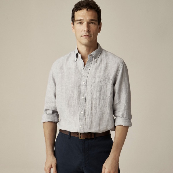 Man wearing a button-front, long-sleeved Irish linen shirt