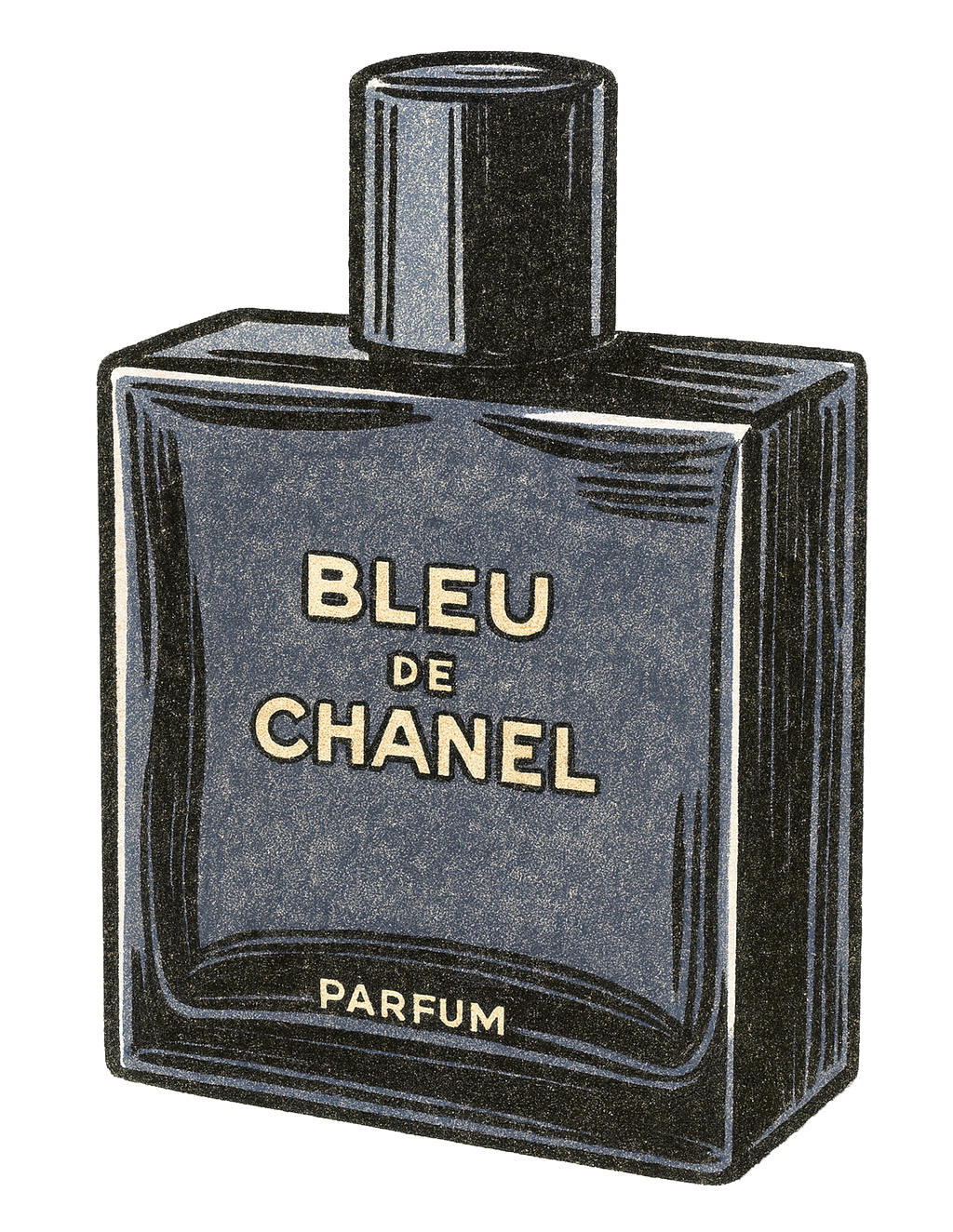 Illustration of a Bleu de Chanel perfume bottle
