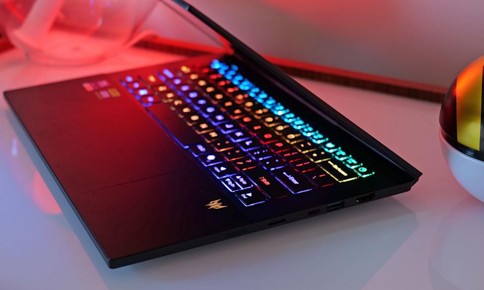 A true ultra-portable gaming laptop 2 The right side of the Acer Predator Triton 14 AI features a microSD card reader, two USB ports (one Type-C and one Type-A), and a full-size HDMI jack.
