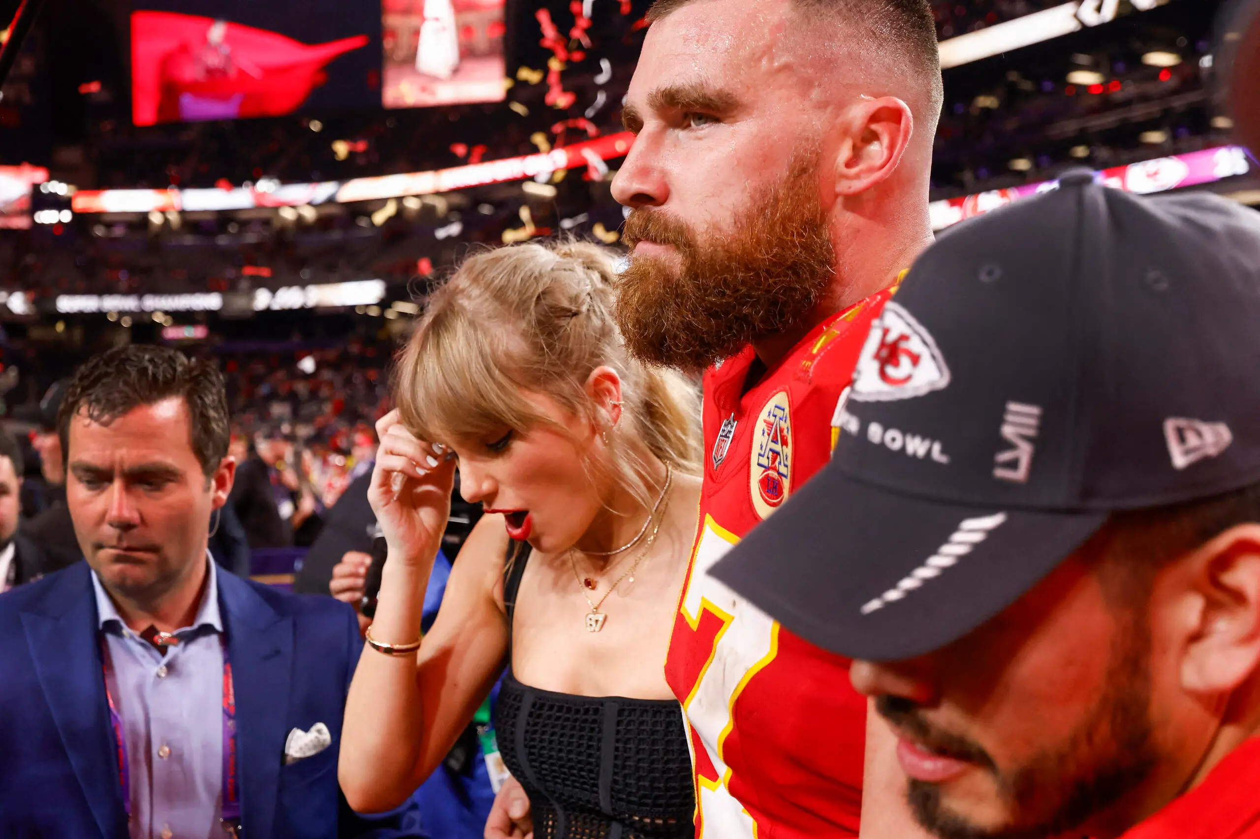 Taylor Swift hugs her boyfriend Travis Kelce after the Kansas City Chiefs won the Super Bowl by defeating the San Francisco 49ers 25-22.